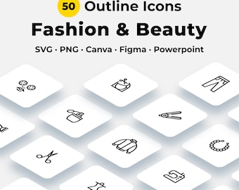 50 Beauty & Fashion Outline Icons | Makeup Clipart, Clothing and Salon SVG for Canva, Figma, PowerPoint