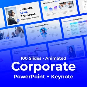 May include: A digital presentation template set featuring 100 animated slides for PowerPoint and Keynote. The layout includes various business-themed graphics, charts, and text blocks with headings like Innovate, Lead, Transcend, and Company Innovations Inc.