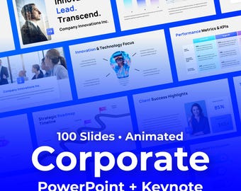 Modelo de apresentação corporativa para PowerPoint e Keynote – 100 slides animados. Download digital.