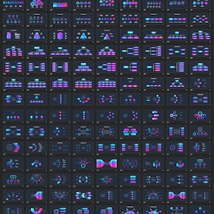 May include: A collection of digital graphics featuring various data visualization diagrams. The designs use a dark background with neon blue, purple, and pink color schemes. The graphics include charts, graphs, and flow diagrams, suitable for presentations.