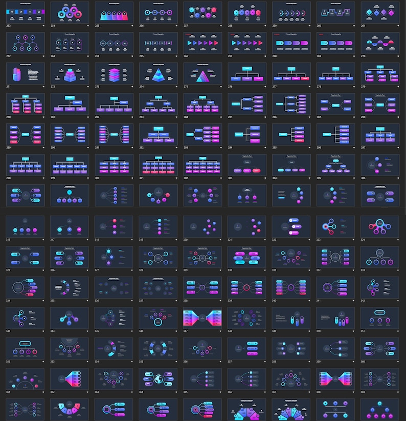 May include: A collection of digital graphics featuring various data visualization diagrams. The designs use a dark background with neon blue, purple, and pink color schemes. The graphics include charts, graphs, and flow diagrams, suitable for presentations.