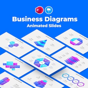 May include: A digital presentation template titled Business Diagrams Animated Slides featuring various geometric infographics on white slides against a bright blue background, including pyramid, hexagonal, and layered charts with blue and purple gradients.