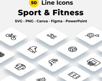 50 ícones de contorno para fitness e esportes | SVG de equipamentos de ginástica para Canva, Figma e PowerPoint