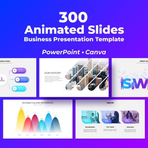 May include: A business presentation template with 300 animated slides. The template includes slides with charts, infographics, and a cityscape background. The text on the image says "PowerPoint • Canva". The colour scheme is a gradient of purple and blue.