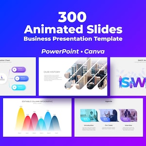 Può includere: Un modello di presentazione aziendale digitale con 300 diapositive animate compatibili con PowerPoint e Canva. La visualizzazione mostra vari layout di diapositive, tra cui un organigramma, una cronologia, un'analisi SWOT e vari grafici.