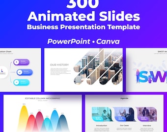 300+ Slides, Animated PowerPoint Template | Business Presentation, Canva Infographics, SWOT, Strategy, Excel Charts