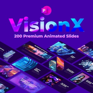 May include: A purple and blue graphic with the text "VisionX" and "200 Premium Animated Slides." The image features various slide designs with text and graphics, including "Mockup," "Our Mission and Purpose," and "Future Goals."