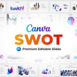 May include: A colorful Canva presentation template with the text "Canva SWOT 90 Premium Editable Slides". The template features a variety of slides with different layouts and designs, including charts, graphs, and images. The template is designed to help users create professional-looking presentations for business, education, or personal use.