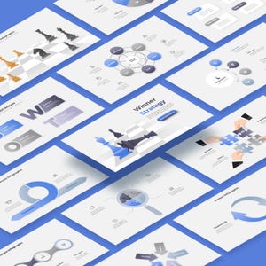 May include: A collection of business presentation slides featuring various infographics, including a chessboard with blue and black chess pieces, a Winner Strategy title, puzzle pieces, magnifying glass, and circular diagrams in shades of blue and gray.