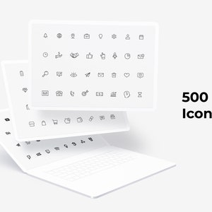May include: A white laptop with a white keyboard and a white screen displaying a collection of 500 icons. The icons are arranged in rows and columns on the screen. The icons are black and white and represent a variety of different things, such as social media, business, and technology.
