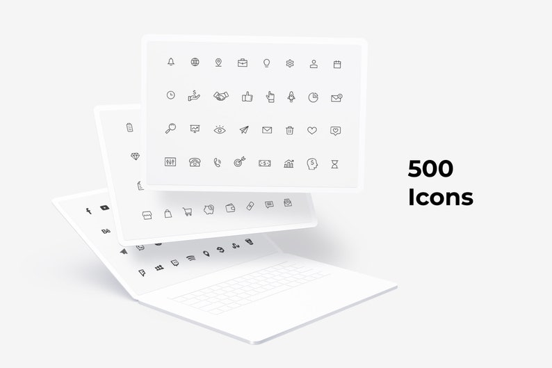 May include: A white laptop with a white keyboard and a white screen displaying a collection of 500 icons. The icons are arranged in rows and columns on the screen. The icons are black and white and represent a variety of different things, such as social media, business, and technology.