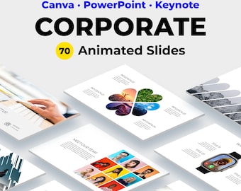 Modelo de PowerPoint corporativo, slides animados para apresentações de negócios, Canva e Keynote.