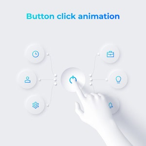 Peut inclure: Une main blanche clique sur un bouton d'alimentation bleu sur un fond blanc. Le bouton est connect&eacute; &agrave; d'autres cercles blancs avec des ic&ocirc;nes repr&eacute;sentant le temps, une personne, un engrenage, une mallette, une ampoule et une cloche.