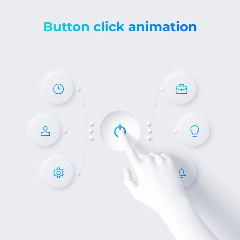 Peut inclure: Une main blanche clique sur un bouton d'alimentation bleu sur un fond blanc. Le bouton est connect&eacute; &agrave; d'autres cercles blancs avec des ic&ocirc;nes repr&eacute;sentant le temps, une personne, un engrenage, une mallette, une ampoule et une cloche.
