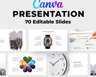 Modelo de apresentação Canva, 70 slides para negócios, portfólio e perfil da empresa.