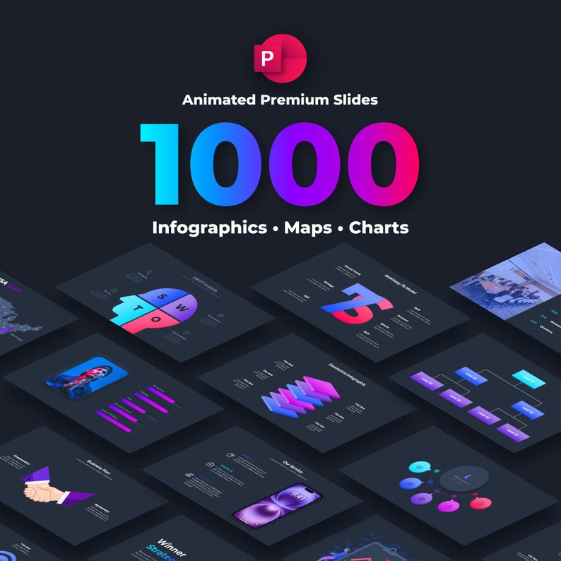 May include: A dark background with the text "Animated Premium Slides" and "1000" in large, colorful letters. Below, the text "Infographics &bull; Maps &bull; Charts" is displayed. Several isometric slide designs are shown in the foreground.