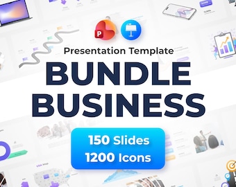 May include: A digital presentation template bundle for business featuring the text Presentation Template BUNDLE BUSINESS 150 Slides 1200 Icons. The design includes various slide layouts with charts, maps, and icons in blue and purple tones.