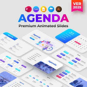 Puede incluir: Un conjunto de diapositivas de presentación animadas de colores con la palabra "Agenda" en una fuente grande y en negrita. Las diapositivas presentan ilustraciones de personas trabajando juntas, un calendario y un reloj. Las diapositivas están diseñadas para su uso en presentaciones, reuniones y talleres.