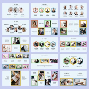 May include: A presentation slide deck with a light blue background and colorful accents. The slides feature images of people, projects, and text. The text includes the words "Our Team", "Our Projects", "Marketing Plan", "Objective", "Management", and "Financial Statements".