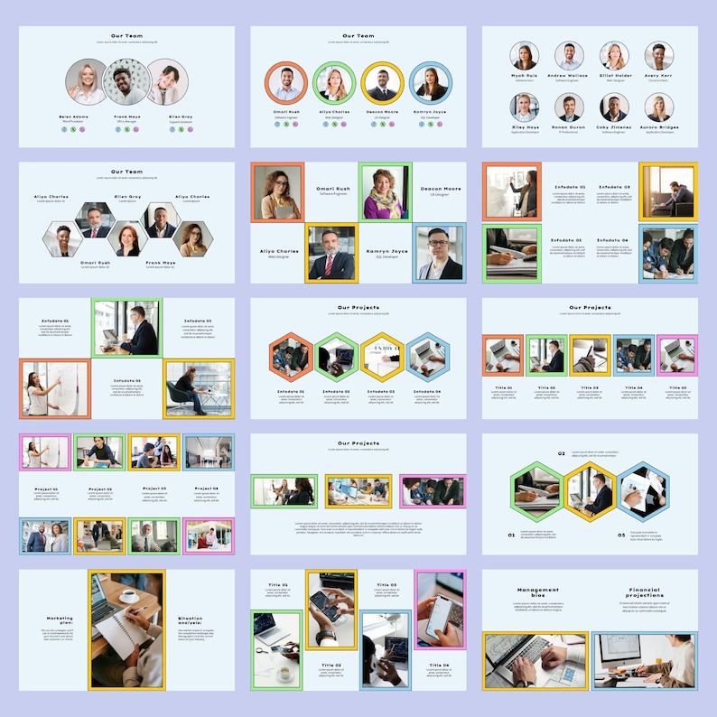 May include: A presentation slide deck with a light blue background and colorful accents. The slides feature images of people, projects, and text. The text includes the words "Our Team", "Our Projects", "Marketing Plan", "Objective", "Management", and "Financial Statements".