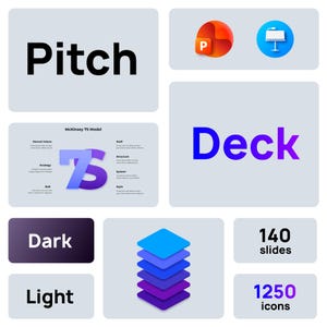 May include: A digital presentation graphic with the word "Pitch" in bold black letters. Other elements include the word "Deck" in blue and purple, a diagram, and the words "140 slides" and "1250 icons".