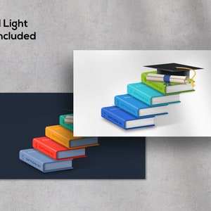 May include: A graduation cap sits atop a stack of five colourful books, each labelled with the word "Option" and a number. The books are arranged in a staircase shape, with the top book being the largest and the bottom book being the smallest. A diploma is rolled up and placed on top of the books, under the graduation cap.