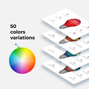 May include: A colour wheel with 50 colour variations, showing a range of hues from red to violet. Four infographic templates are shown, each with a lightbulb design divided into sections, with each section representing a module. The modules are labelled "Module 1", "Module 2", "Module 3", and "Module 4".