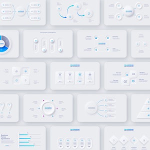 Peut inclure: Une collection de 12 mod&egrave;les d'infographies avec un sch&eacute;ma de couleurs blanc, bleu et gris. Les mod&egrave;les pr&eacute;sentent diverses formes, notamment des cercles, des carr&eacute;s et des fl&egrave;ches, et sont con&ccedil;us pour &ecirc;tre utilis&eacute;s dans les pr&eacute;sentations, les rapports et autres communications visuelles.