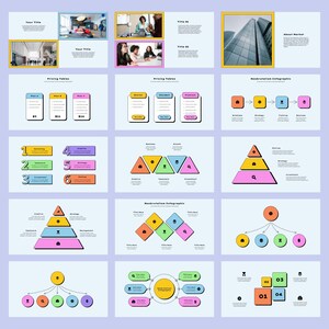 May include: A presentation slide deck with various infographic templates. The templates feature colorful geometric shapes, arrows, and numbers. The slides are designed for business presentations and include titles like "Pricing Tables" and "Neobrutalism Infographic".