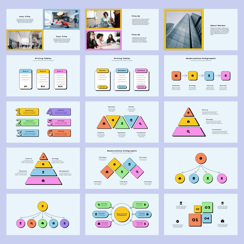 May include: A presentation slide deck with various infographic templates. The templates feature colorful geometric shapes, arrows, and numbers. The slides are designed for business presentations and include titles like "Pricing Tables" and "Neobrutalism Infographic".
