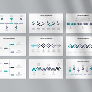 May include: A set of nine timeline infographic templates with different styles, including horizontal, vertical, and circular timelines. The templates feature various icons and text boxes for displaying information.