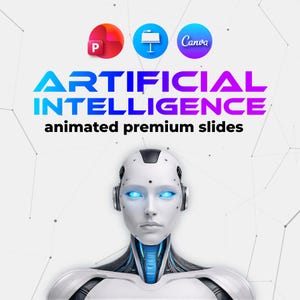 Könnte beinhalten: Digitalgrafik mit dem Text "ARTIFICIAL INTELLIGENCE" in Blau und Lila und den Worten "animated premium slides" darunter. Ein weißer Roboter mit leuchtend blauen Augen ist im Vordergrund, mit den Logos von PowerPoint, Präsentation und Canva darüber.