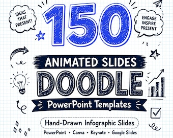 Modelos de PowerPoint com desenhos animados, slides de infográficos animados desenhados à mão para Canva e Keynote.