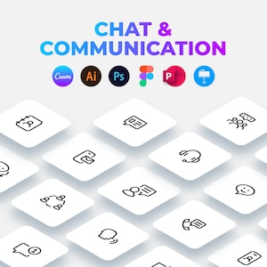 Op de afbeelding: Een afbeelding met de woorden "CHAT & COMMUNICATION" in een verloop van blauw naar paars. Daaronder pictogrammen voor Canva, Adobe Illustrator, Photoshop, Figma en PowerPoint. Daaronder witte ruitvormige tegels met zwarte lijntekening iconen.