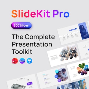 Puede incluir: Imagen promocional de SlideKit Pro, un kit de herramientas de presentación. La imagen presenta el texto "SlideKit Pro" en naranja y rosa, y "300 Slides" en un botón morado. También se ve el texto "The Complete Presentation Toolkit", junto con diapositivas de presentación de muestra.