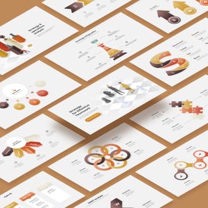 May include: A collection of business strategy infographics on white backgrounds, arranged at various angles. The designs feature diagrams, charts, and icons in shades of brown, orange, and red. Text includes "Strategy & operations analysis" and "Strategy for Effective Teamwork."