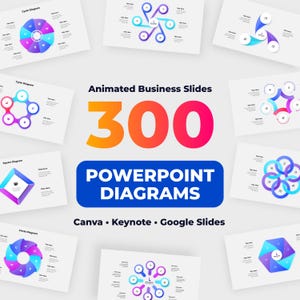 以下が含まれることがあります： Canva、Keynote、Googleスライドに対応した300種類のアニメーション付きビジネススライド集。円形、正方形、サイクル図など、様々なカラフルなPowerPoint用ダイアグラムがライトグレーの背景に配置されています。