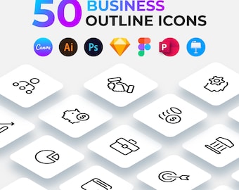 50 ícones de negócios em formato de contorno, vetoriais, para Canva e Figma (SVG, PNG, PDF)