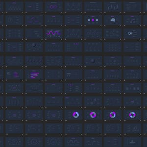 May include: A grid of dark blue digital interface screens with various data visualizations. Each screen displays different charts, graphs, and diagrams in shades of purple and white. The overall design is modern and sleek, suitable for data analysis or presentation.
