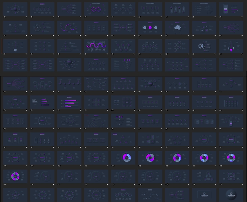 May include: A grid of dark blue digital interface screens with various data visualizations. Each screen displays different charts, graphs, and diagrams in shades of purple and white. The overall design is modern and sleek, suitable for data analysis or presentation.