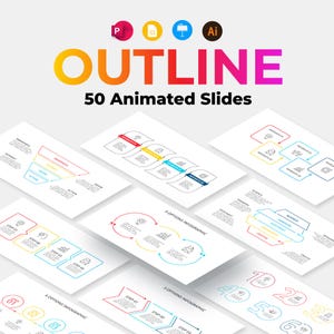 May include: A digital presentation template titled OUTLINE 50 Animated Slides featuring various infographic layouts, including funnels, flowcharts, and numbered lists with colorful line art icons and text placeholders on a white background.