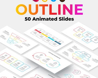 Könnte beinhalten: Eine digitale Präsentationsvorlage mit dem Titel OUTLINE 50 Animated Slides, die verschiedene Infografik-Layouts wie Trichter, Flussdiagramme und nummerierte Listen mit farbigen Liniengrafik-Symbolen und Textplatzhaltern auf weißem Hintergrund zeigt.