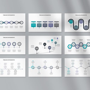 May include: Nine different timeline infographic templates with various styles and layouts. Each template features a horizontal timeline with circles, hexagons, or lines connecting the points. The timelines are labelled with years or steps and include icons representing different stages or milestones.