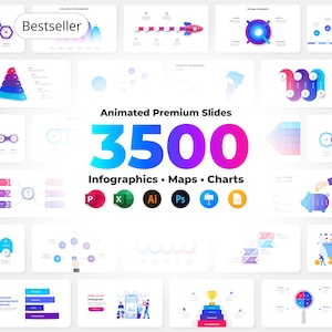 Pacote de 3500 slides animados para PowerPoint | Diagramas infográficos, mapas e gráficos do Excel | Estilo Doodle, Neumorphic e Glassmorphic, 2250 ícones