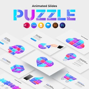 May include: A collection of animated slides with a puzzle theme. The word "PUZZLE" is displayed in large, colorful letters. Various infographic designs are shown, including puzzle pieces forming shapes like a brain, heart, and cloud. Icons for design software are also present.
