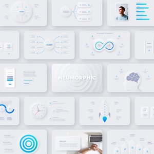 Peut inclure: Une collection d'&eacute;l&eacute;ments de design neumorphes blancs et bleus pour les pr&eacute;sentations et les infographies. Les &eacute;l&eacute;ments comprennent des cercles, des lignes, des fl&egrave;ches et des ic&ocirc;nes. Le mot "NEUMORPHIC" est affich&eacute; en blanc sur un fond blanc.