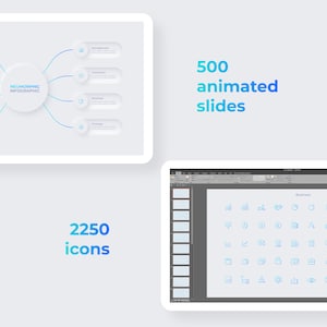 Peut inclure: Une tablette blanche avec un organigramme bleu et blanc montrant un cercle avec le texte "Neomorphic Infographic" et cinq cercles connect&eacute;s avec le texte "Management", "Teamwork", "Business", "Strategy", et "Marketing". Une deuxi&egrave;me tablette blanche affiche un &eacute;cran avec une pr&eacute;sentation PowerPoint avec le texte "Business" et une grille d'ic&ocirc;nes bleues et blanches. Le texte "500 diapositives anim&eacute;es" est en texte bleu et blanc sur un fond blanc. Le texte "2250 ic&ocirc;nes" est en texte bleu et blanc sur un fond blanc.