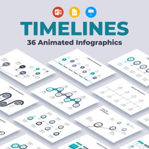 May include: A digital collection of 36 animated infographics titled TIMELINES, featuring various graphic layouts including linear, curved, and connected node designs in teal, dark blue, and grey colour schemes for presentation software.