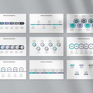 May include: Six different timeline infographic templates with various styles. The templates feature a horizontal timeline with circles, squares, and arrows. The timelines are labelled with years and include icons representing different stages or milestones.