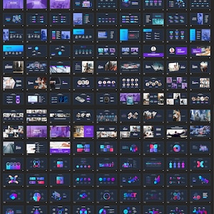 May include: A collection of digital presentation slides with a dark background and a modern design. The slides feature a variety of layouts, including charts, graphs, and images, with a color scheme of purple, blue, and white. The slides are designed for business or educational use.
